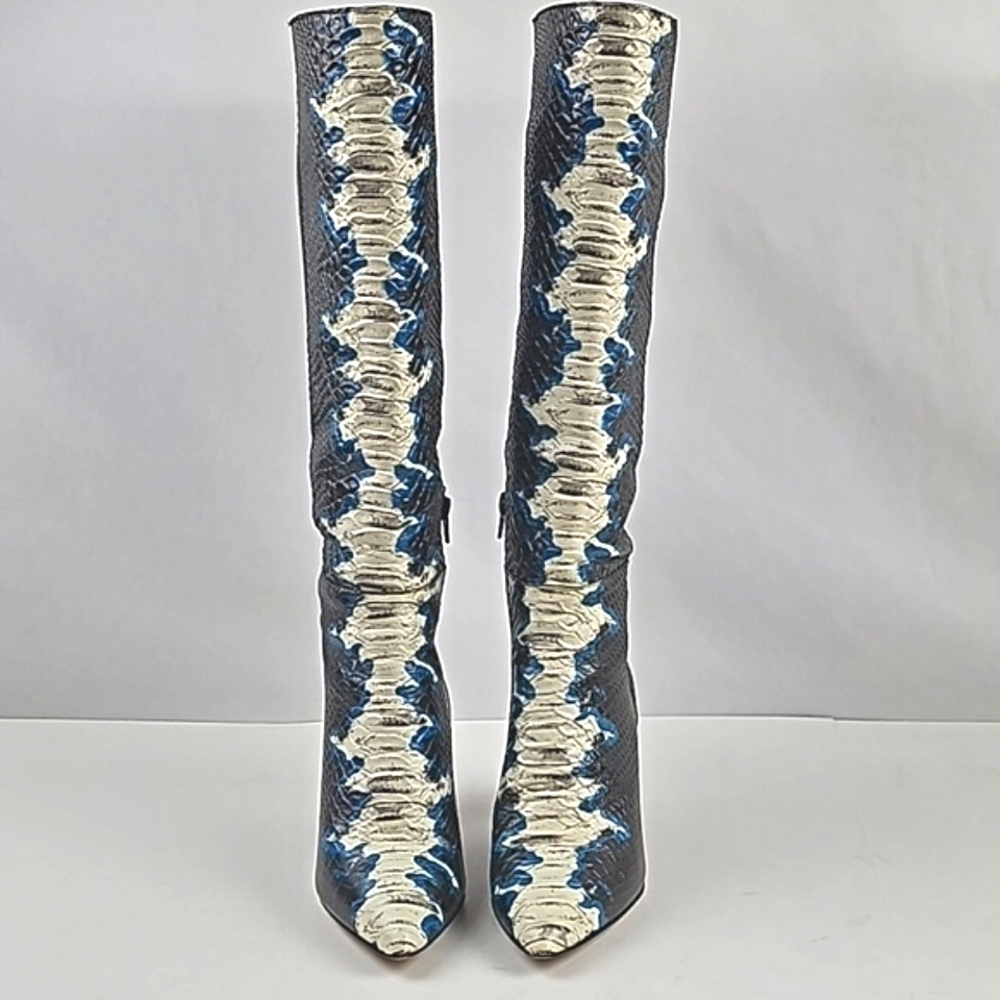 Gianni Bini Kellbie Leather Snakeskin Texture Black Cream Blue Heeled Tall Boot - Picture 4 of 16